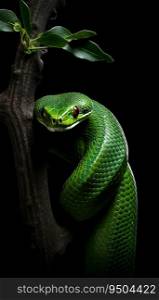 Green Snake on a Branch with Black Background. Generative ai. High quality illustration. Green Snake on a Branch with Black Background. Generative ai