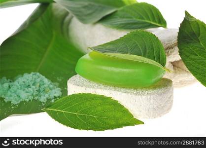 Green soap and sponge lie on table