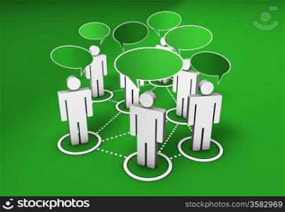 Green social network, forum, Internet community and online group concept with connection of 3d people by dotted lines with speech clouds on green background.