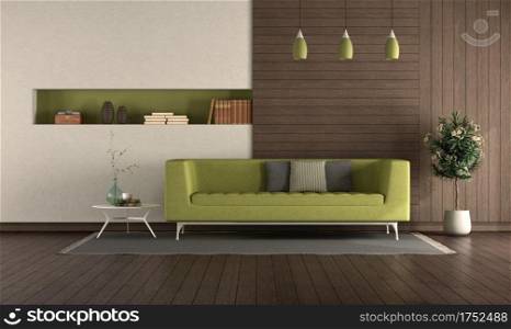 Green sofa in a modern living room with wooden panels and niche - 3d rendering. Green sofa in a modern living room