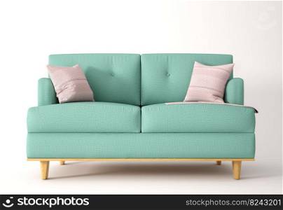 Green sofa isolated on white background with plaid and pillow, 3d rendering