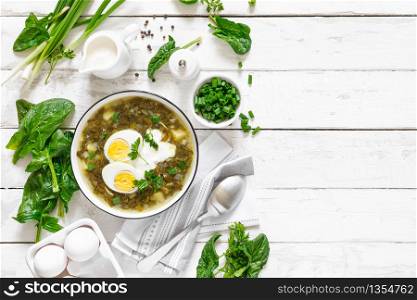 Green sorrel and spinach soup with boiled egg and sour cream on white wooden rustic table, top view