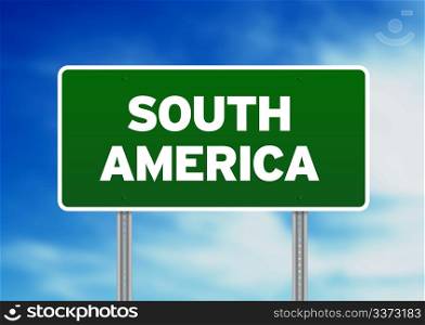 Green South America highway sign on Cloud Background.