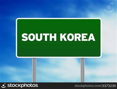 Green South Korea highway sign on Cloud Background.