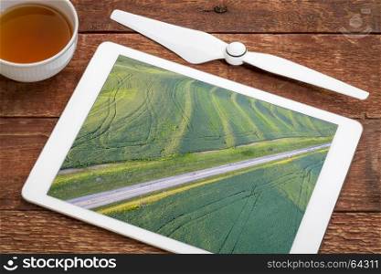 green soybean fields with tractor footprints in Missouri - examining drone aerial pictures of crop on a digital tablet