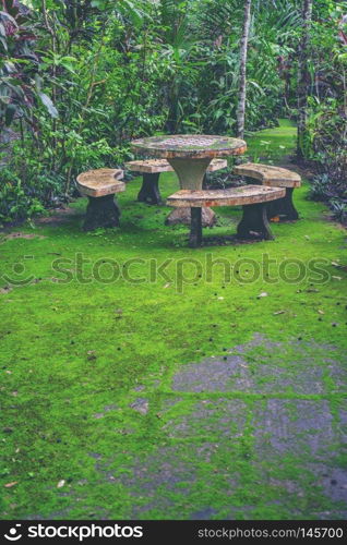 green space, table set in the garden