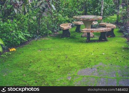 green space, table set in the garden