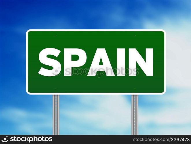 Green Spain highway sign on Cloud Background.