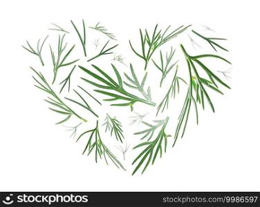 Green sprigs of dill in the shape of a heart on a white background.. Green sprigs of dill in the shape of a heart on a white background