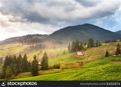 Green spring alpine scene. Mountain village on hillsides. House between high pine trees