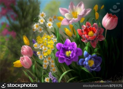 Green spring background with flowers