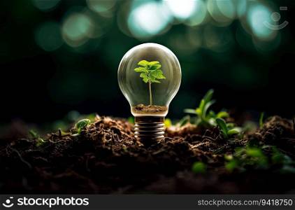 Green sprout growing inside of light bulb. Ecology and environment concept.