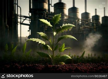 Green sprout in heavy industry polluted area. Concept of strength of life Generative AI.. Green sprout in heavy industry polluted area. Concept of strength of life Generative AI