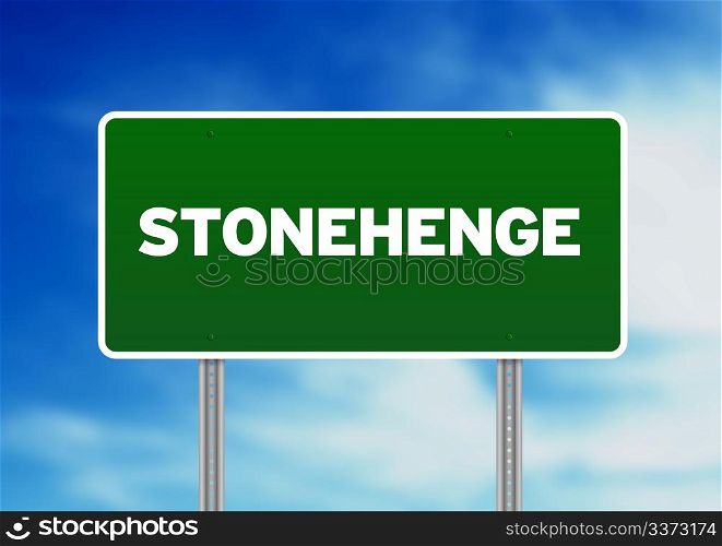 Green Stonehenge highway sign on Cloud Background.