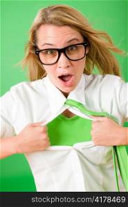 Green Superhero Businesswoman crazy face Emerges from shirt