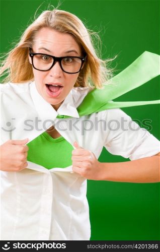 Green Superhero Businesswoman crazy face Emerges from shirt