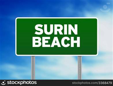 Green Surin Beach, Thailand road sign on Cloud Background.