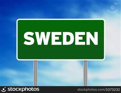 Green Sweden highway sign on Cloud Background.