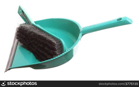 Green sweeping brush and dustpan for house work. Cleaning. Isolated on white background