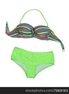 Green swimsuit and colorful bra. Isolate on white.