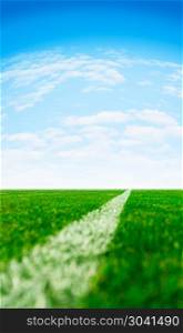 Green synthetic grass sports field with a white line in perspective and blue sky. Background with copy space. Close up.. Green synthetic grass sports field with a white line in perspect