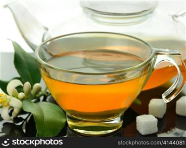green tea composition with lemon tree flowers