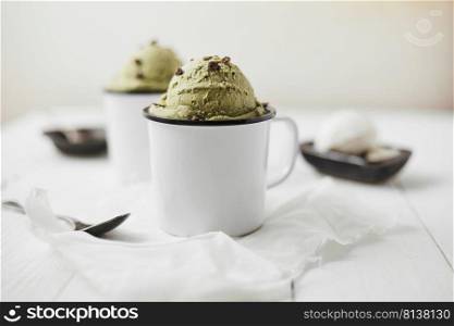 Green tea ice cream on white background. . Green tea ice cream.