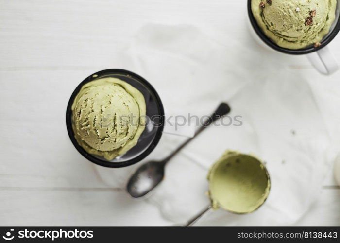 Green tea ice cream on white background. . Green tea ice cream.