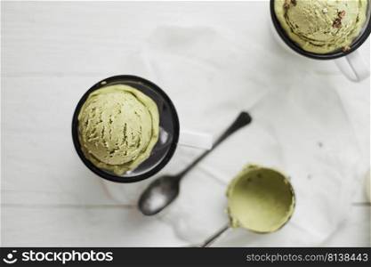 Green tea ice cream on white background. . Green tea ice cream.