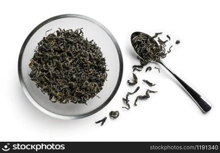 Green tea on a white background. The view from the top.. Green tea on a white background. The view from the top