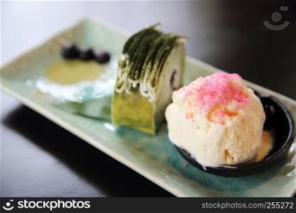 green tea roll cake with ice cream