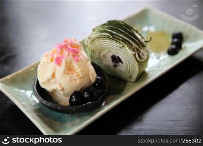 green tea roll cake with ice cream