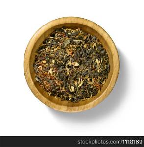 Green tea with aromatic additives. Top view on white background.. Green tea with aromatic additives. Top view on white background