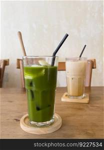 Green tea with coconut juice in coffee shop cafe, stock photo