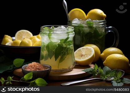 Green tea with lemon in a glass mug. Generative A