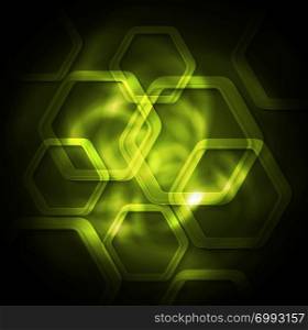 Green tech glowing abstract background with geometric hexagons. Green tech glowing background