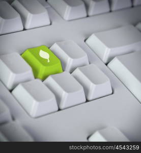 Green Technology. Computer keyboard with green Enter key with recycling symbol business concept