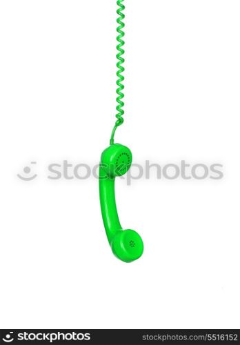 Green telephone cable hanging isolated on white background