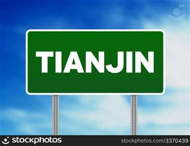 Green Tianjin, China highway sign on Cloud Background.
