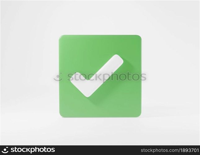 Green tick check mark symbols icon element. Yes shape button for correct sign in square approved, Simple mark graphic design on white background, right checkmark symbol, 3D rendering illustration