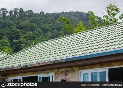 Green tile roof and sky with mountain.
