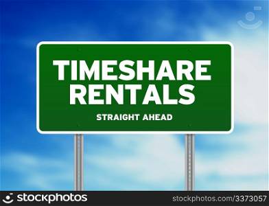 Green Timeshare Rentals highway sign on Cloud Background.