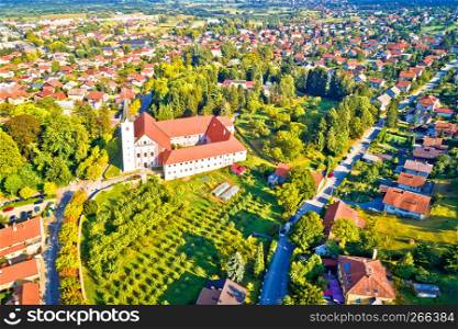 Green town of Samobor church and landscape aerial view, northern Croatia