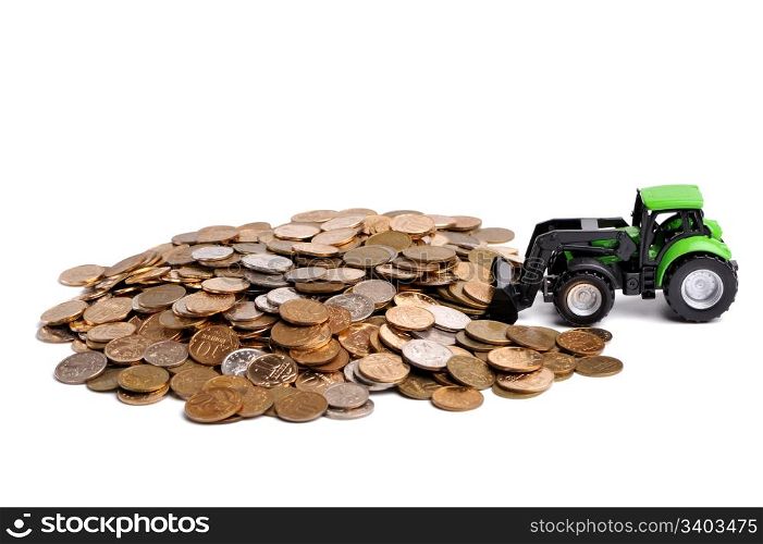 Green tractor raking up coins. Green tractor raking up coins, white background