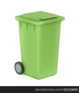 Green trash bin. Green plastic waste container on white background