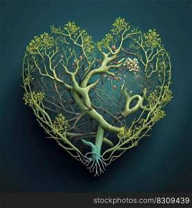Green tree heart made of leaves and branches on green background. Spring, nature concept, Happy Earth Day card. AI. Green tree heart made of leaves. Spring, nature, Earth Day concept. AI