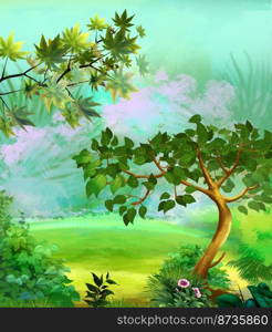 Green trees in the meadow on a sunny summer day. Digital Painting Background, Illustration.. Green trees in the meadow illustration