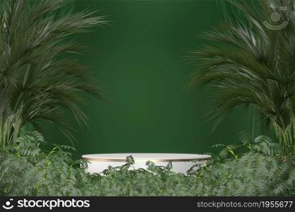 Green Tropical granite Podium geometric and plants decoration on black background .3D rendering