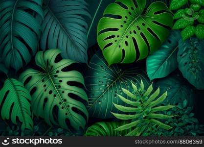 Green tropical leaves Monstera, palm, fern and ornamental plants backdrop background