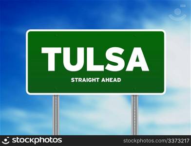 Green Tulsa, Oklahoma, USA highway sign on Cloud Background.